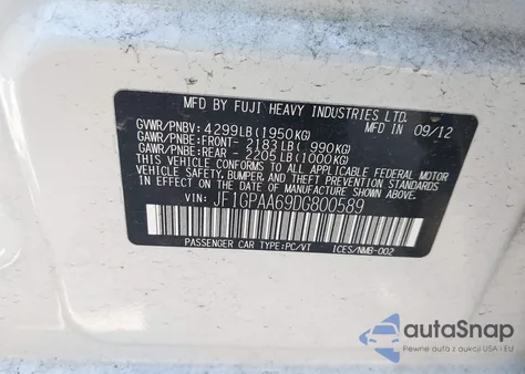 2013 Subaru Impreza 2.0I from USA, damaged, VIN JF1GPAA69DG800589